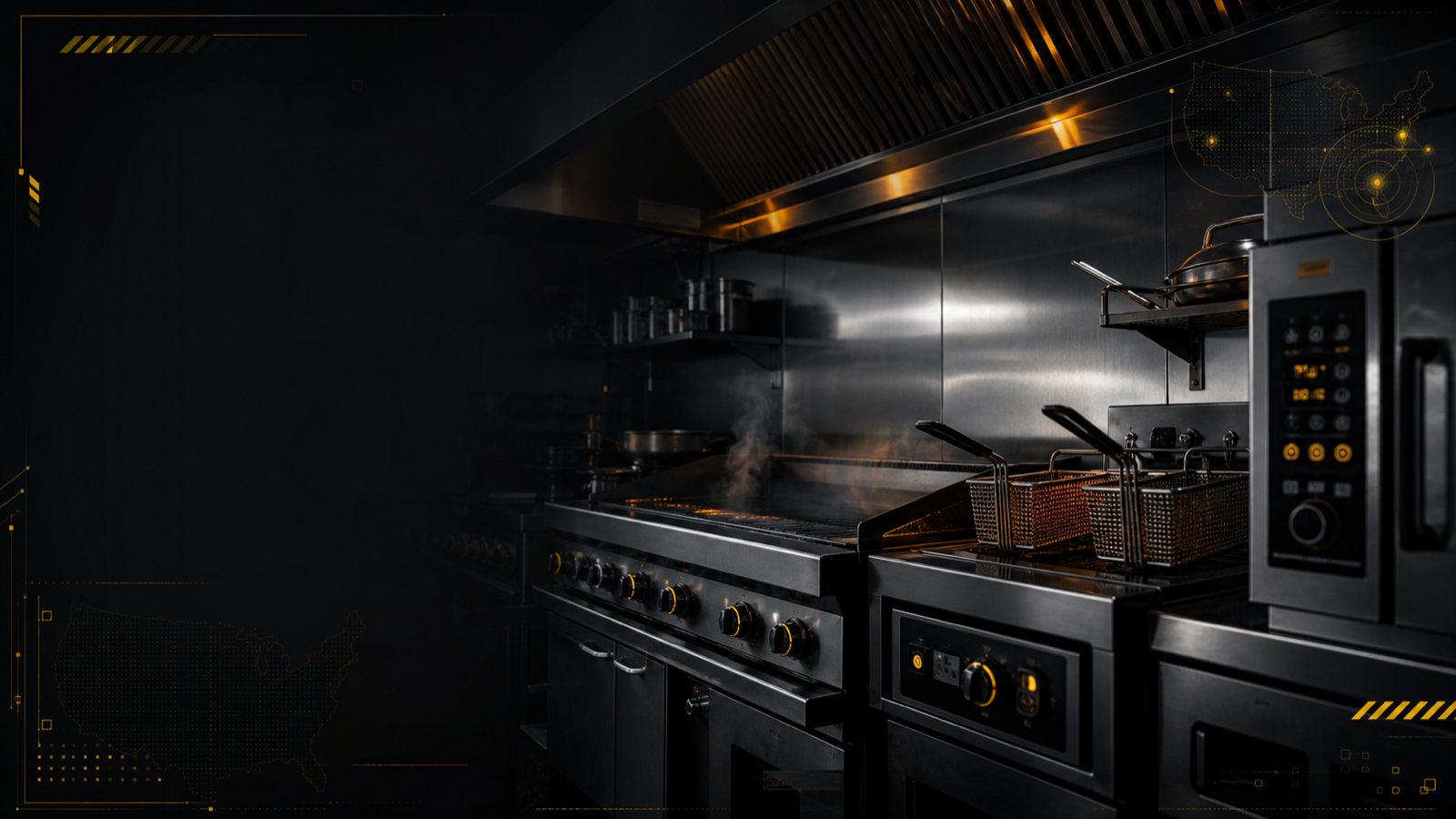 Dark commercial kitchen equipment with a dispatch overlay